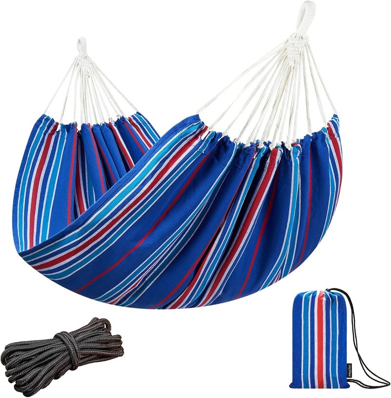 JoyView Brazilian Double Hammock with Hanging Ropes Extra Large 86.6x59” Portable Cotton Hammock for Patio Backyard Porch 450LBS Weight Capacity Perfect for Outdoor/Indoor - Blue Stripe - Image 1